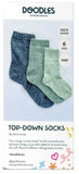 A pattern leaflet for Doodle top-down socks showing three finished socks in different shades of yarn.