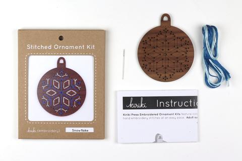 Wooden stitched ornament kit with instructions, embroidery floss