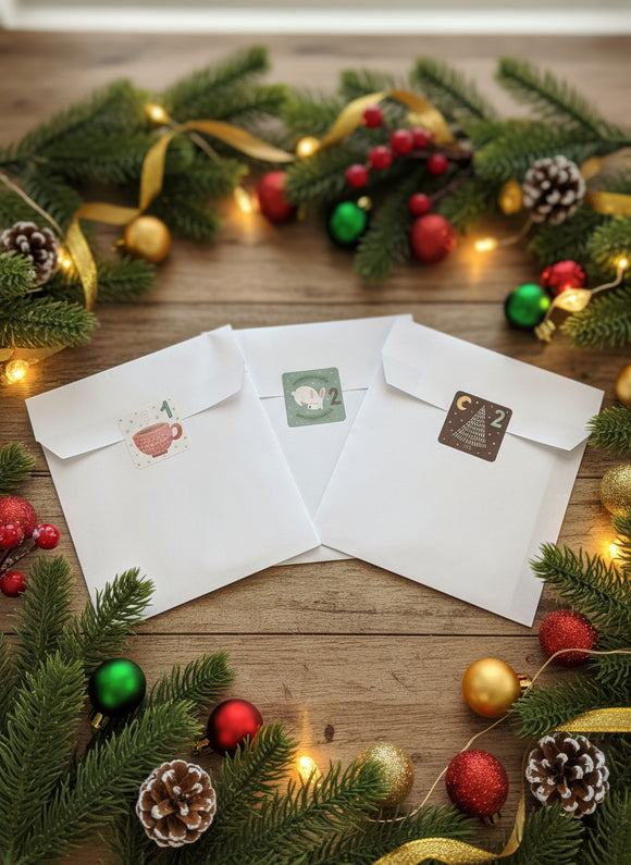 Folded white paper with stickers on a dark textured surface