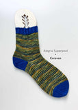 Striped sock with blue and green pattern on a white background, featuring 'Alegria Superpool Caravan' text.
