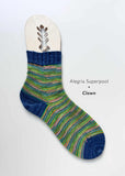 Colorful striped sock on a white background with 'Alegria Superpool' branding.