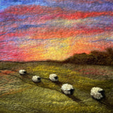 Pastel drawing of sheep in a field with a colorful sky