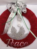 Christmas Wreath - Peace - 15" diameter burgundy peace sign silver maple leaves ribbon green accent ribbon