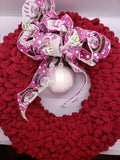  Burgundy Loop Wreath with snowman ribbon & white ceramic knitted ornament -  17"diameter 